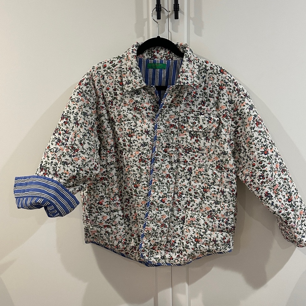 Clare V Blue and White Striped  Floral Reversible Casual Jacket - Picture 4 of 10